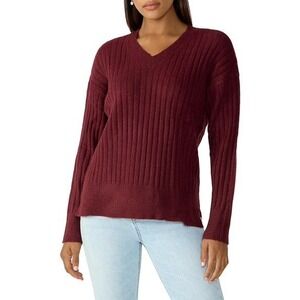 Sanctuary Burgundy V-Neck Ribbed Knit Sweater Casual‎ Pullover Top XXS / #8158